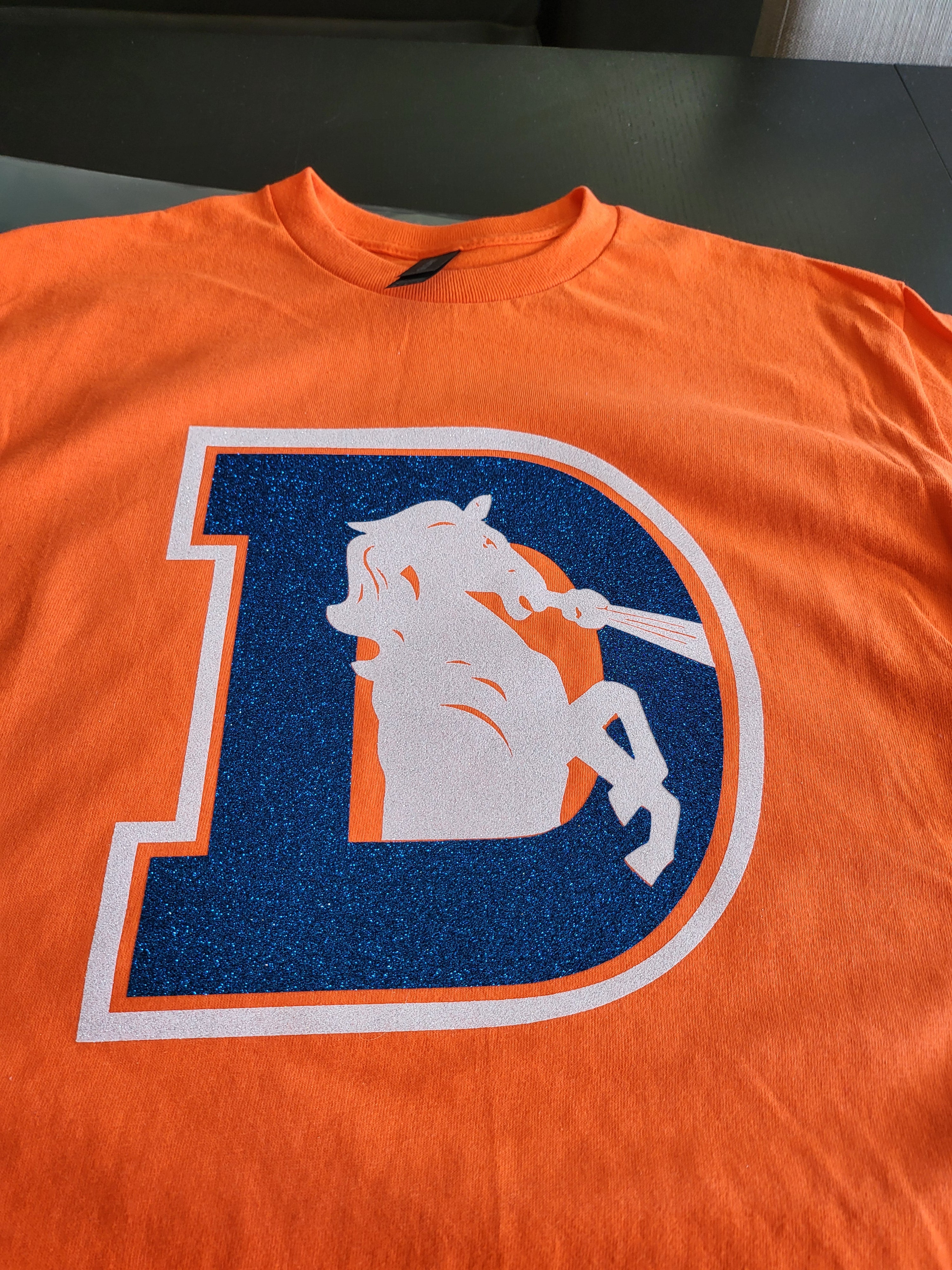 Denver Broncos Glitter Logo T-Shirt – Orange & Blue Sparkle Fan Tee
