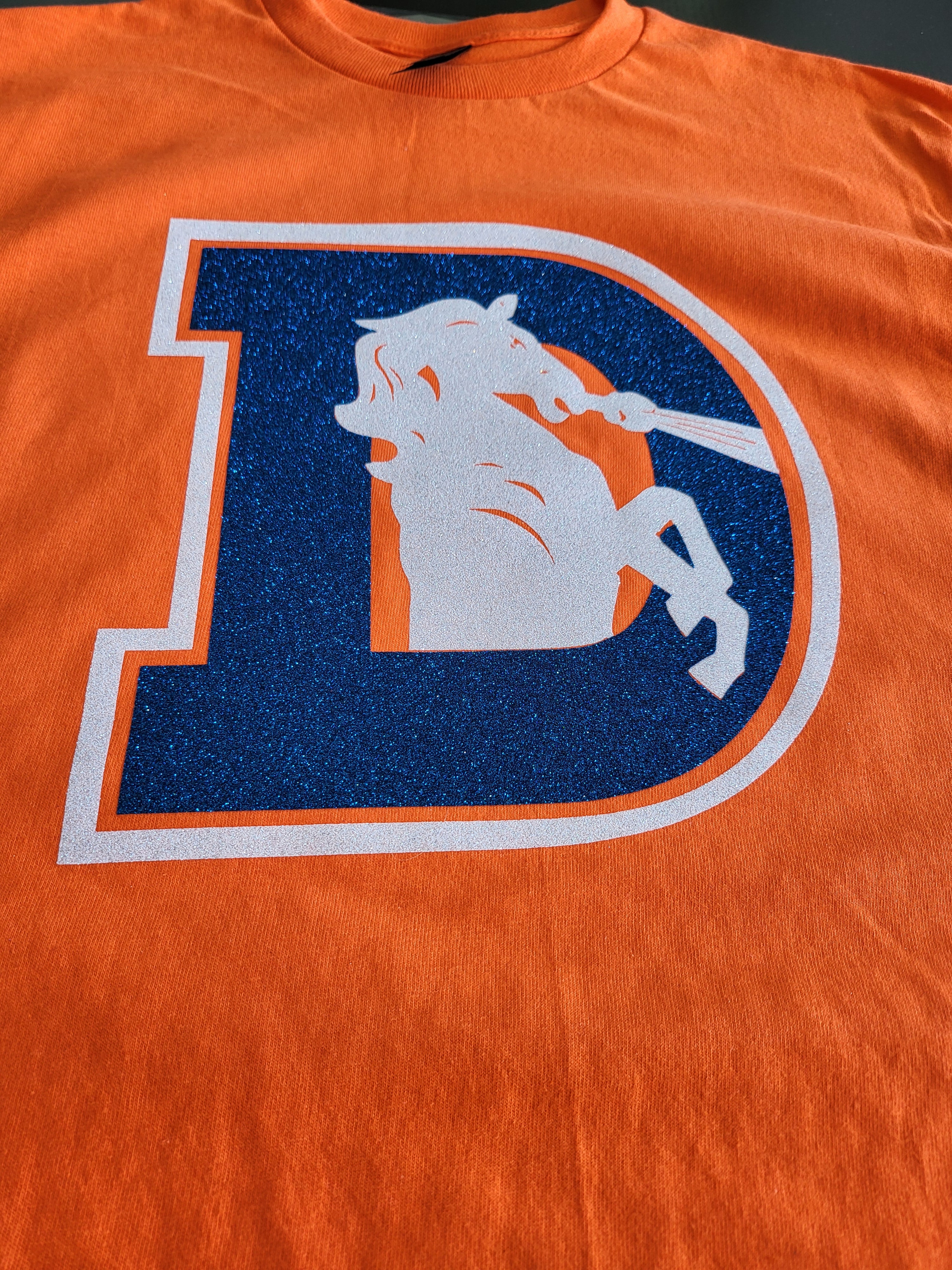 Denver Broncos Glitter Logo T-Shirt – Orange & Blue Sparkle Fan Tee