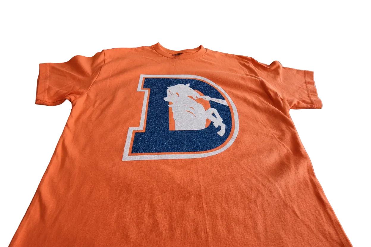 Denver Broncos Glitter Logo T-Shirt – Orange & Blue Sparkle Fan Tee