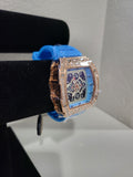 AJ Brand Rose Gold Iced-Out Watch – Light Blue Silicone Luxury Fashion Watch