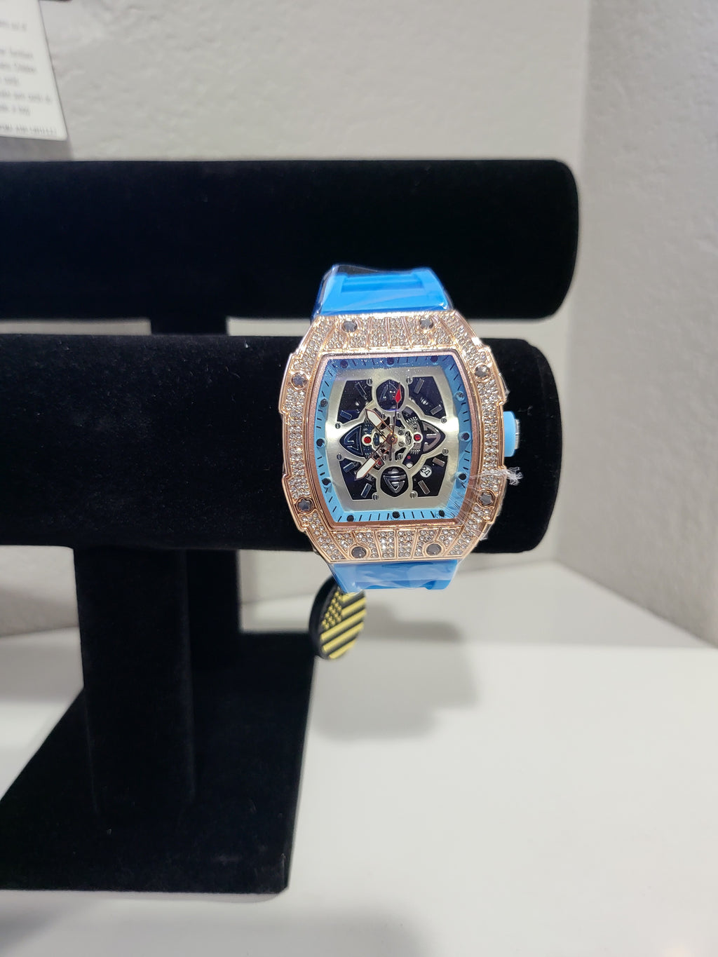 AJ Brand Rose Gold Iced-Out Watch – Light Blue Silicone Luxury Fashion Watch
