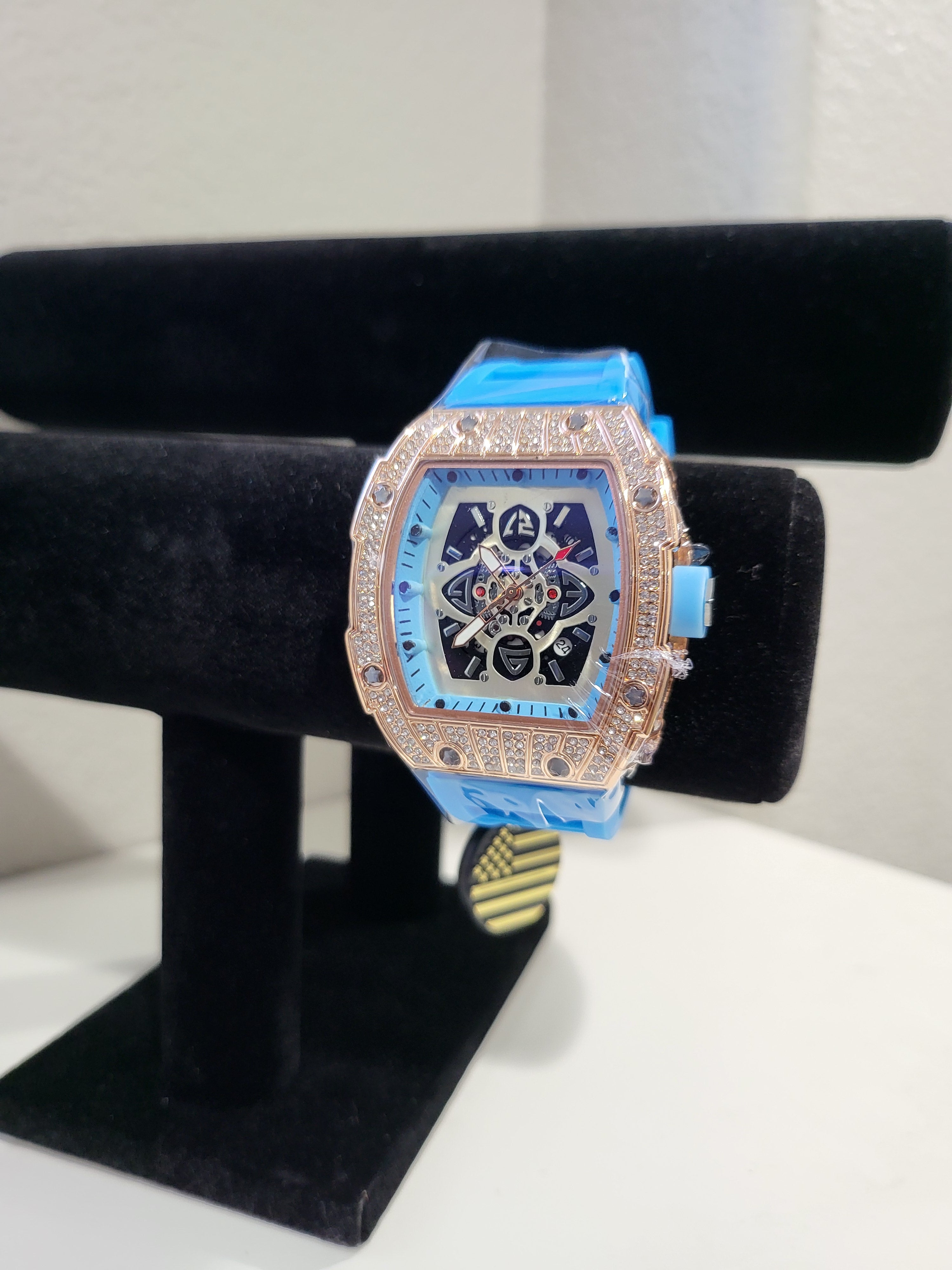 AJ Brand Rose Gold Iced-Out Watch – Light Blue Silicone Luxury Fashion Watch