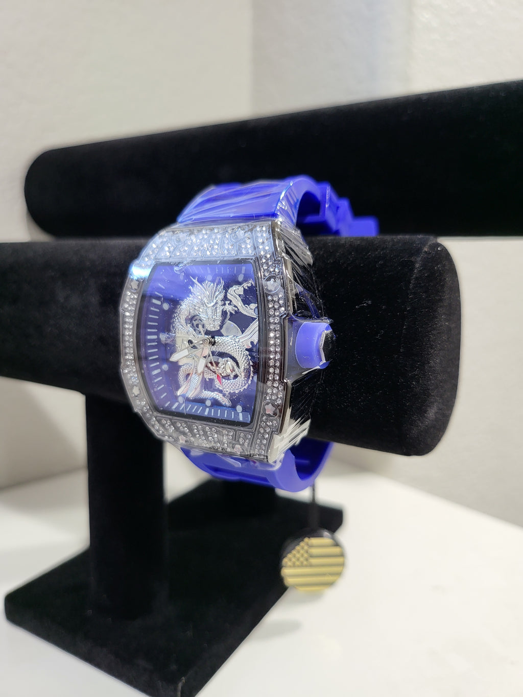 AJ Brand Dragon Iced-Out Watch – Blue Silicone Luxury Fashion Timepiece