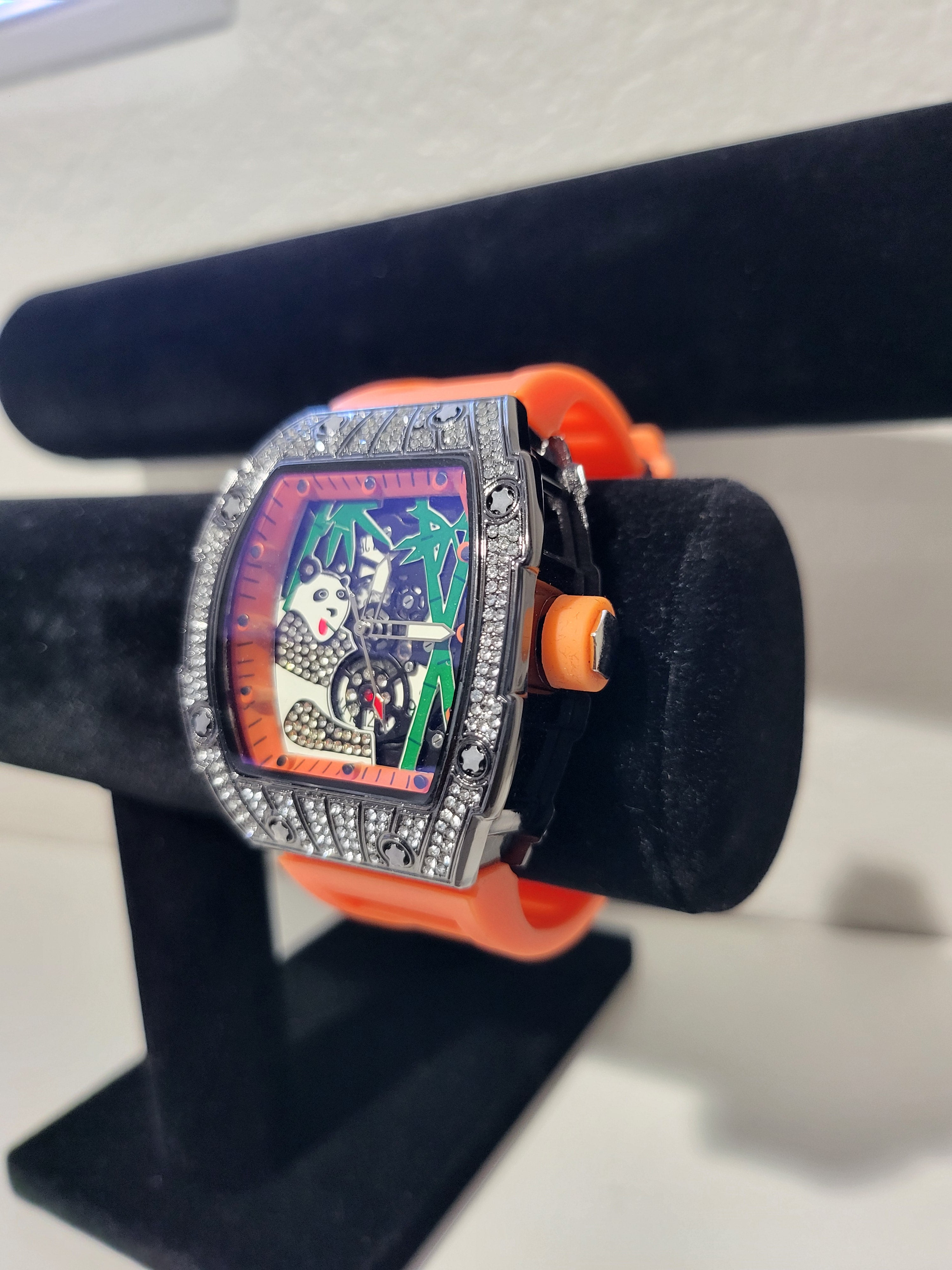 AJ Brand Panda Iced-Out Watch – Orange Silicone Luxury Fashion Watch
