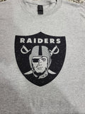 Raiders Glitter Logo T-Shirt – Silver & Black Sparkle Fan Tee (silver helmet)
